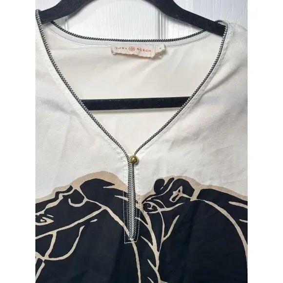 Tory Burch Shirt Women's Size 6 Black White Horse Trocadero Blouse - Picture 8 of 11